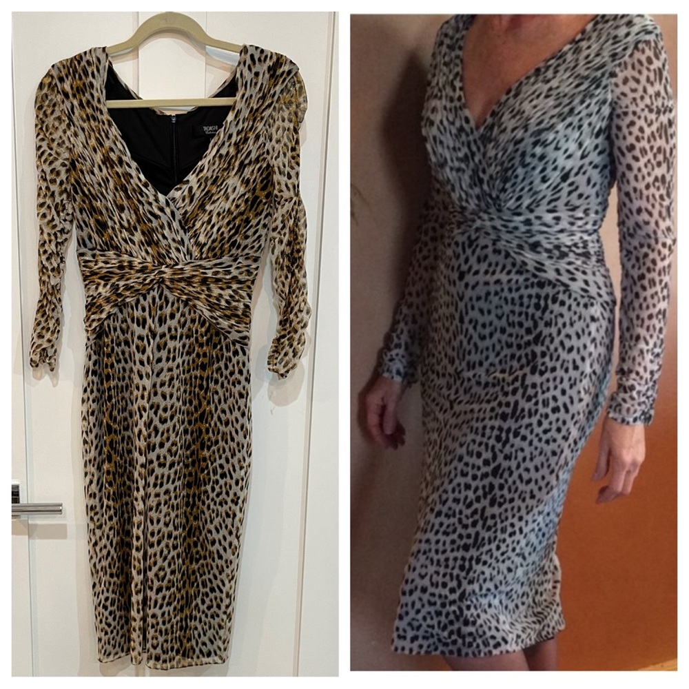 Tadashi Shoji 🐆 Mesh Leopard Cheetah V Neck Long Sleeve Midi Cocktail Dress L
